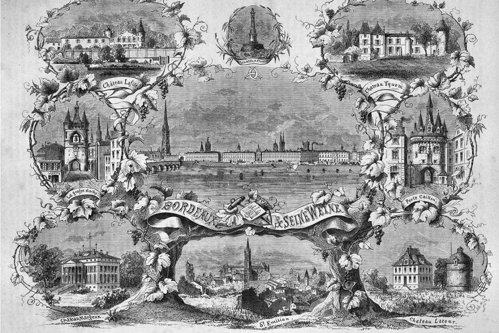 Ancienne illustration représentant la ville de Bordeaux et quelques châteaux de domaines viticoles connus.