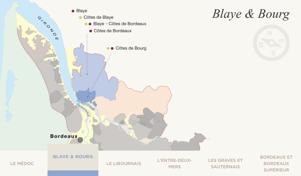 Carte des terrroirs des vins de Bordeaux. Ici, Blaye et Bourg