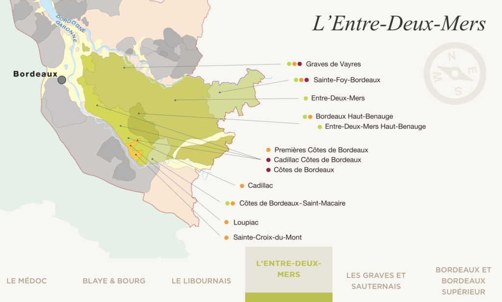 Carte des terroirs des vins de Bordeaux. Ici, celui de L’Entre-Deux-Mers