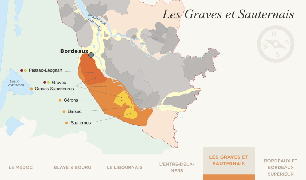 Carte des vignobles des vins de Bordeaux. Ici, ceux des Graves et Sauternais