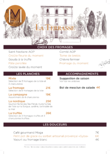 Menu terrasse de la Maison Moga 2023