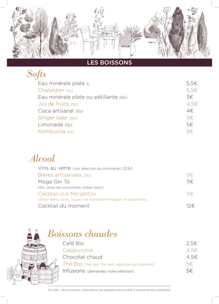 Menu terrasse de la Maison Moga 2023