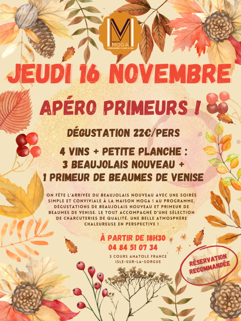 Affiche promotionnelle de la soirée de la Maison Moga pour fêter le Beaujolais Nouveau 2023