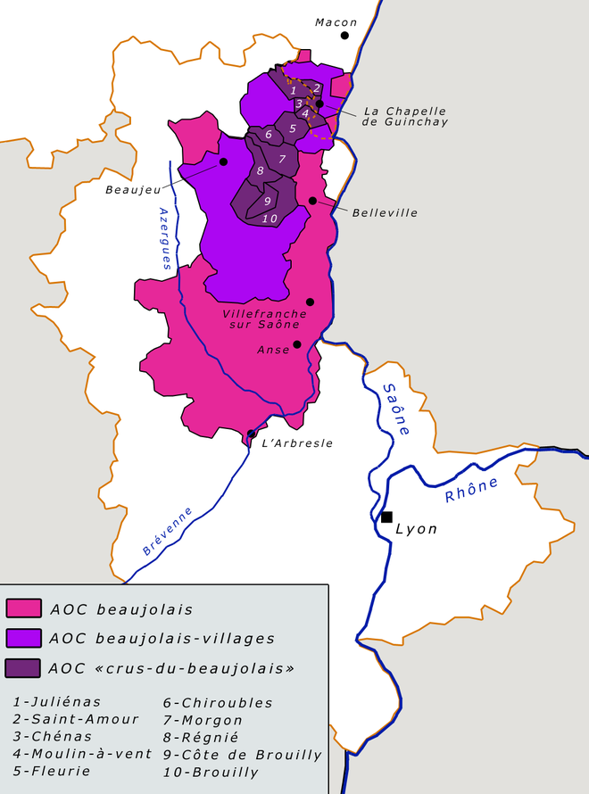 Carte de la région viticole du Beaujolais. Si le Beaujolais Nouveau n’est pas une AOC en soit, il est produit sur les terroirs AOC Beaujolais et AOC Beaujolais-Villages