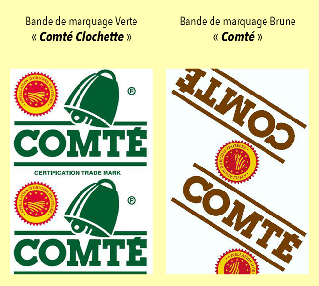 La bande verte pour le Comté Clochette d’une note supérieure à 15/20 et la bande brune pour le Comté d’une note entre 12/20 et 14/20.