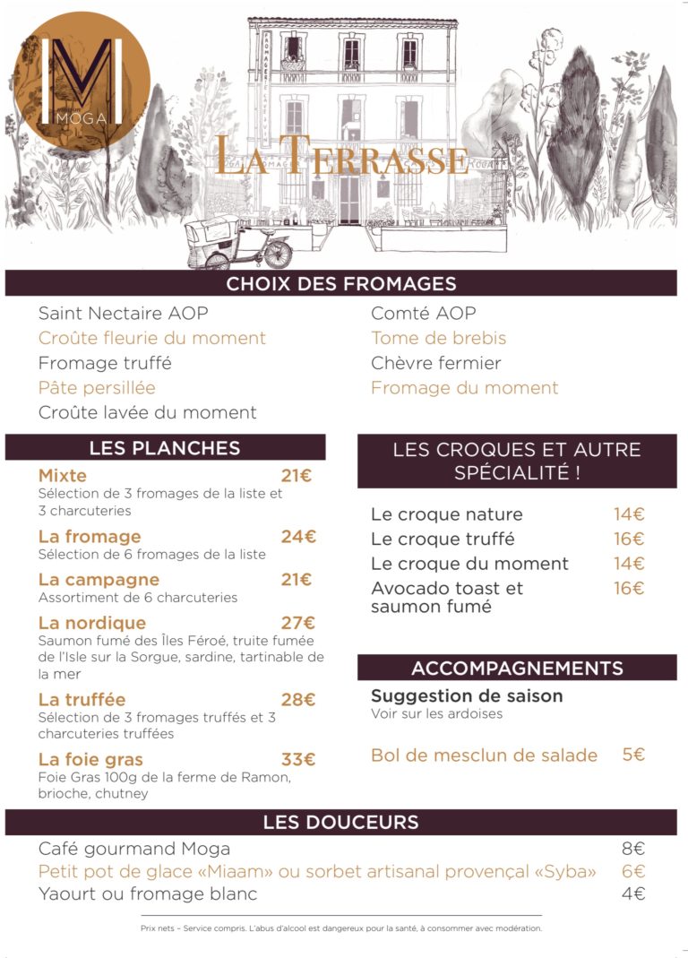Le menu de la terrasse à l’isle sur la sorgue